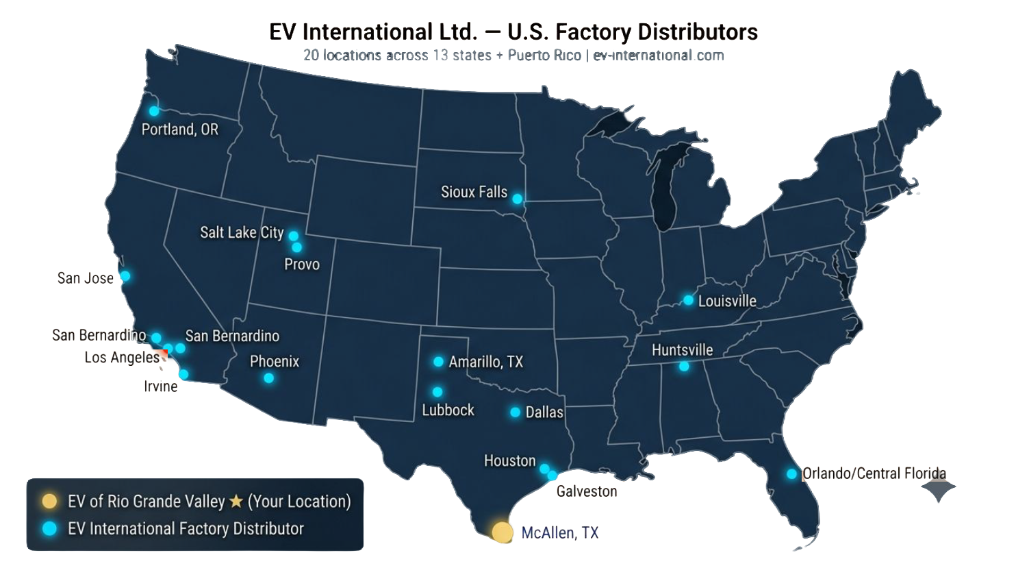Map of EV International factory-authorized distributors across the United States, with Blue Planet Distribution's Rio Grande Valley location highlighted