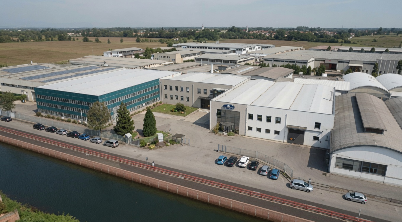 Aerial view of the EV International manufacturing facility in Albairate, Milan, Italy