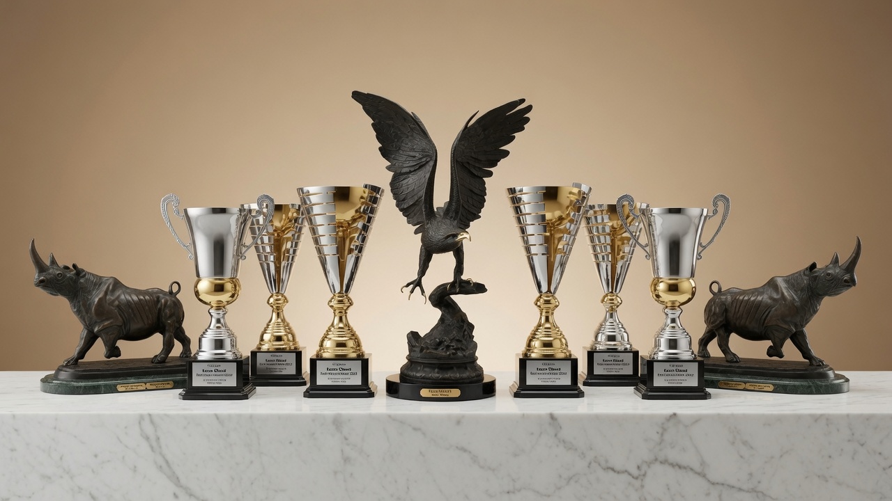 A collection of Karan Oberoi's distributor performance awards from EV International, including Factory Distributor and Best Main Office trophies