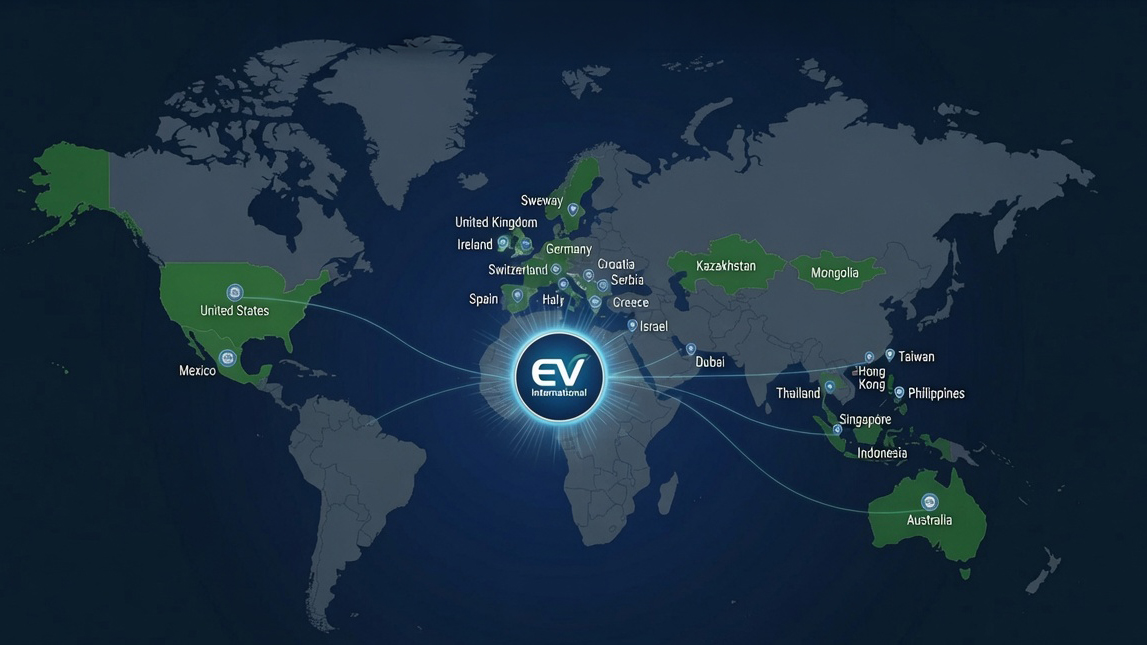 World map showing EV International's international presence across more than 40 countries